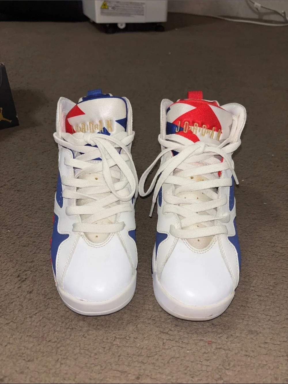 Jordan Kids High-Top Sneakers in White, Blue & Red